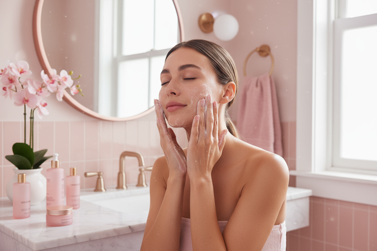 skinvare or lady washing her face in pink